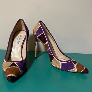 Tori Soudan Collection Brown, Purple Patchwork Colorblock Suede Heels - Sz 7.5